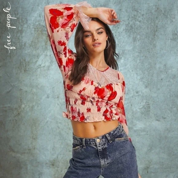 FREE PEOPLE Daphne Rose/Floral Long Sleeve Sheer Lace Ruched Blouse-Sm NWT - Picture 9 of 16